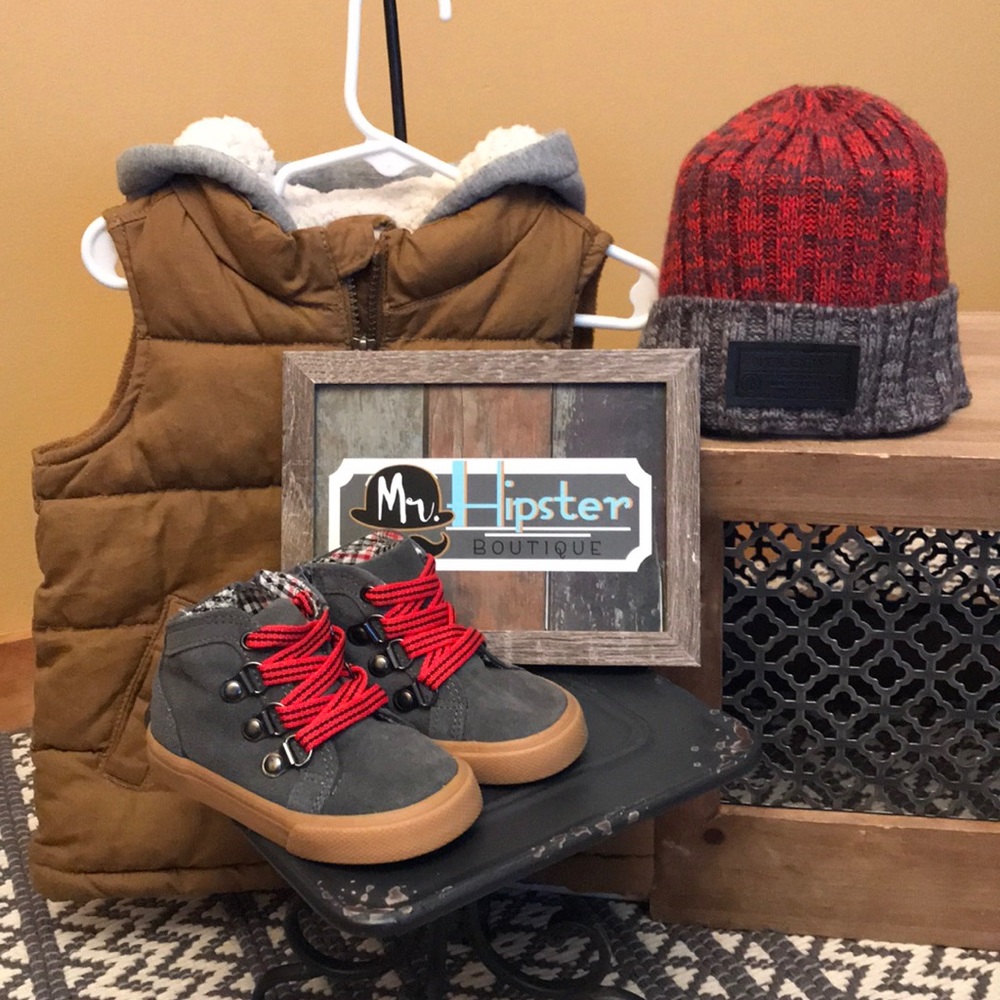 Grey suede sneakers with red laces, toddler size 5